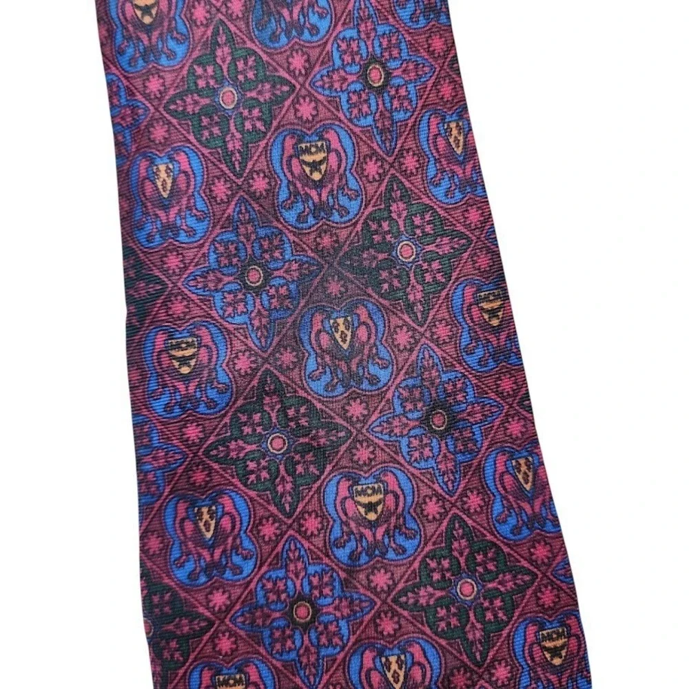MCM‎ VINTAGE Silk Geometric Baroque floral bird print Tie